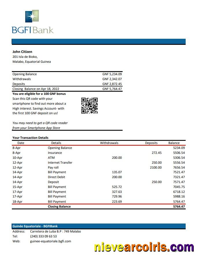 Equatorial Guinea BGFI Bank Statement xls